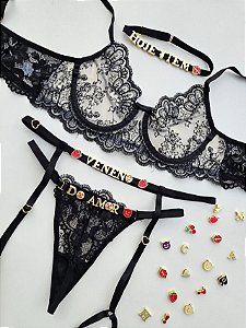 CONJUNTO PERSONALIZAVEL DAYANE EM TULE FLORAL PRETO