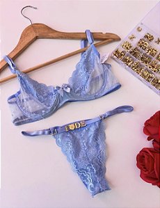 CONJUNTO PERSONALIZAVEL EM TULE COM CORAÇÃO E RENDA JADE AZUL MISTICO