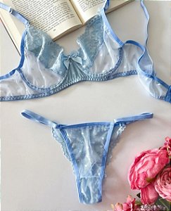 CONJUNTO PERSONALIZAVEL EM TULE COM CORAÇÃO E RENDA JADE AZUL MISTICO