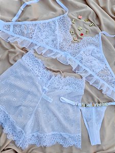 PIJAMA TRIO ENCANTO - SHORT, SUTIÂ E FIO PERSONALIZAVEL BRANCO