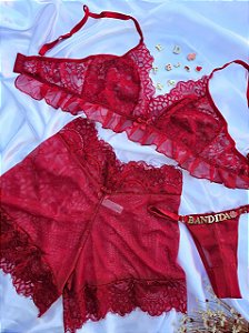 PIJAMA TRIO ENCANTO - SHORT, SUTIÂ E FIO PERSONALIZAVEL VERMELHO