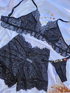 PIJAMA TRIO ENCANTO - SHORT, SUTIÂ E FIO PERSONALIZAVEL PRETO
