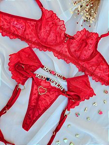 CONJUNTO PERSONALIZAVEL JOGADA DE MESTRE TULE FINO CORAÇÃO VERMELHO