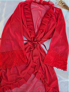 ROBE LUXO DOIS AMORES TULE FINO COM CORAÇÃO VERMELHO