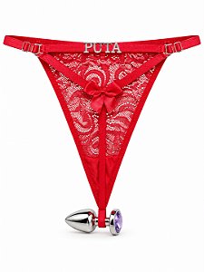 CALCINHA PERSONALIZAVEL COM ESCRITA"PUTA" + PLUG ANAL CROMADO