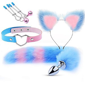 KIT RAPOSA COM PLUG CAUDA E TIARA COM ORELHAS AZUL E ROSA