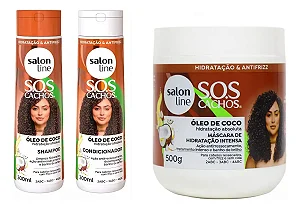 Kit Shampoo Cond Máscara Sos Cachos Coco Salon Line