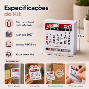 50 Mini Calendário Imã Geladeira 7,5x7,5 Bloquinhos 2027