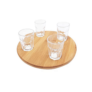 Conjunto 5 Peças Copos De Shot Aperitivos Suporte Bambu Welf