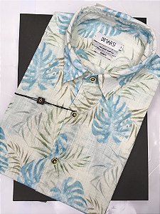 Camisa Floral Dimarsi SLIM FIT - Sem Bolso - Manga Curta - Algodão Egípcio - Ref. 8817 Azul