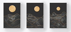 Trio Retangular Azulejos - Lua Dourada e Linhas