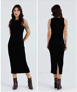 Vestido Midi Preto em Malha Canelada