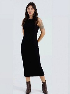 Vestido Midi Preto em Malha Canelada