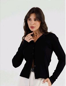 Cardigan Preto Botões Malha Canelada Confortável