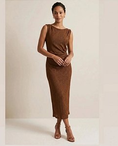 Vestido Midi Marrom com Franzido e Passante
