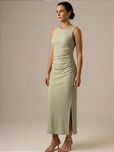 Vestido Midi com Recorte e Franzido
