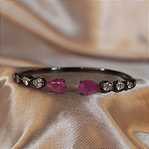 Pulseira Bracelete De Gotas Fúcsia e Zircônia Ródio Negro