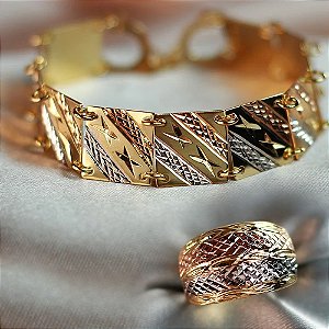 Kit Eleganza Três Ouros Pulseira + Anel Manoella Banhado A Ouro