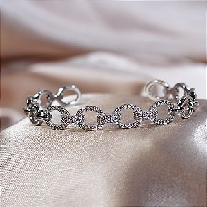 Pulseira Bracelete Com Elos Vazados e Microzircônias Ródio Branco