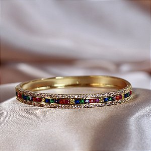 Pulseira Bracelete Com Zircônias Baguetes Coloridas e Microzircônias Ouro