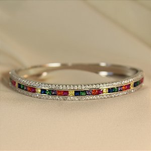 Pulseira Bracelete Com Zircônias Baguetes Coloridas e Microzircônias Ródio Branco