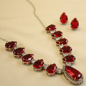 Conjunto Gotas Granada Banhado A Ródio Branco