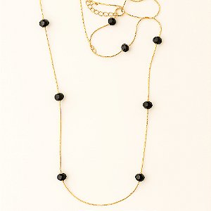 Colar Cristais Negros Longo Banhado A Ouro