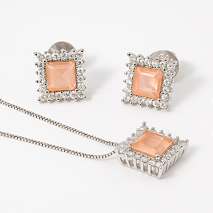 Conjunto Quadradinho com Morganita Fusion Banhado A Ródio Branco