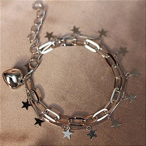 Pulseira Dupla Estrelas e Coração Ródio Branco