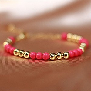 Pulseira Bolinhas Rosa Pink e Ouro