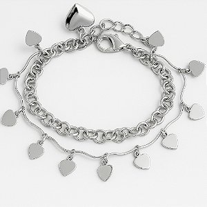 Pulseira Dupla Corações Banhado A Ródio Branco