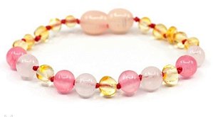 Pulseira de âmbar para bebês (14cm) - LIMÃO/QUARTZO ROSA/JADE PINK - barroco polido