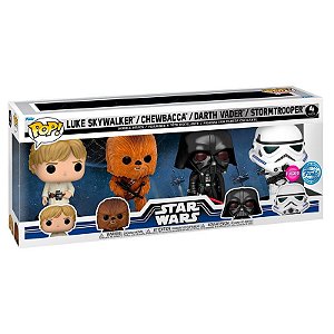 Funko Pop! Television Star Wars Luke Skywalker Chewbacca Darth Vader Stormtrooper 4 Pack Exclusivo Flocked