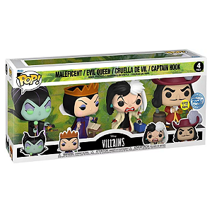 Funko Pop! Disney Villains Maleficent Evil Queen Cruella de Vil Captain Hook 4 Pack Exclusivo Glow