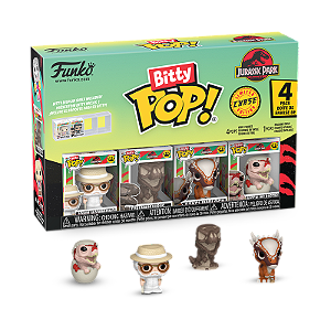 Funko Bitty Pop! Filme Jurassic Park John Hammond, Tyrannosaurus Fossil, Stygimoloch, Velociraptor 4 Pack Exclusivo Chase