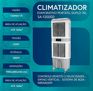 Climatizador de Ar Evaporativo Portátil p/ Academia Loja Salão 120 Metros Cinza 220V com Controle Remoto