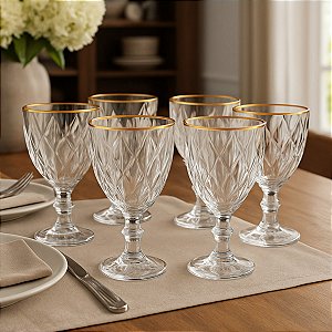 Jogo 6 Taças De Vidro Diamond Borda De Ouro 340ml Água Vinho