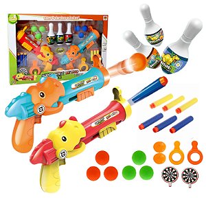 Lançador Super Shot Dino 2 Em 1 Arminha Dardos Bola Com Alvo
