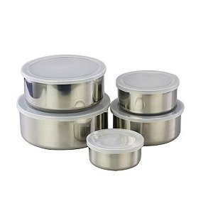 Kit 5 Tigelas Empilháveis Pote Inox Com Tampa Vedação Firme