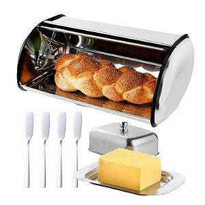 Porta Pão Inox + Manteigueira Kit 4 Espátula Café Da Manhã