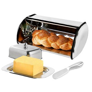 Porta Pão Aço Inox + Manteigueira Espátula Manteiga Kit Café
