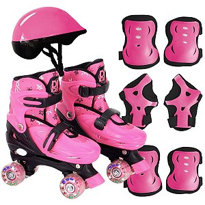 Patins Roller Ajustável Infantil 4 Rodas Led E Kit Proteção
