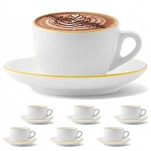 Jogo 6 Xícaras De Café Chá Pires Cerâmica Fio De Ouro 85ml
