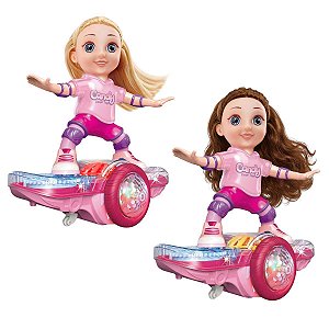Boneca Skatista Candy Skate com Luz e Som Gira 360º