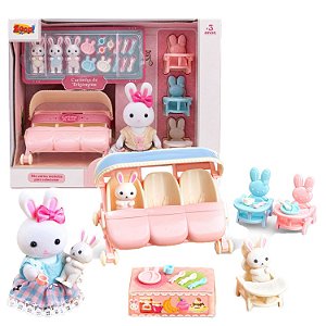 Boneca Casinha Coelhos Carrinho De Trigêmeos Infantil Menina