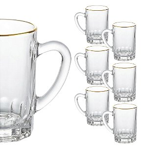 Jogo De Canecas Xícara Café Vidro Borda De Ouro 90ml 6 Peças