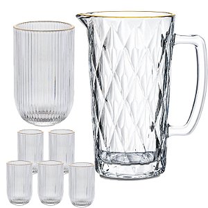 Kit Jarra De Vidro Diamond 1L + 6 Copos 460ml Borda De Ouro