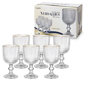 Jogo 6 Taças 390ml Vidro Canelado Versalhes Borda Dourada