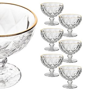 Jogo 6 Taças Sobremesa Coquetel Vidro Diamond Fio Ouro 310ml