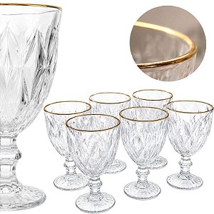 Jogo 6 Taças De Vidro Diamond 260ml Borda De Ouro Vinho Água